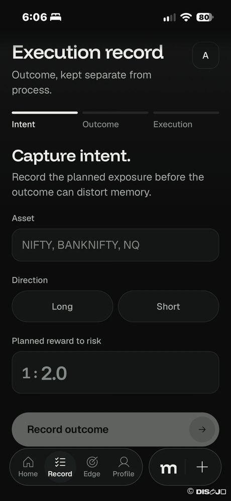 Mentable execution record: capture intent with asset, direction and planned reward to risk